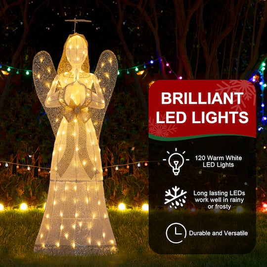 Glitzhome® 63" Christmas 3D Glittered Fabric Angel with 120 Warm White LED Lights